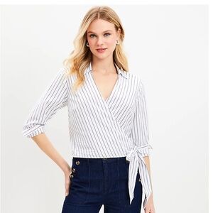 Striped Cotton Blend Wrap Shirt size Large Loft
